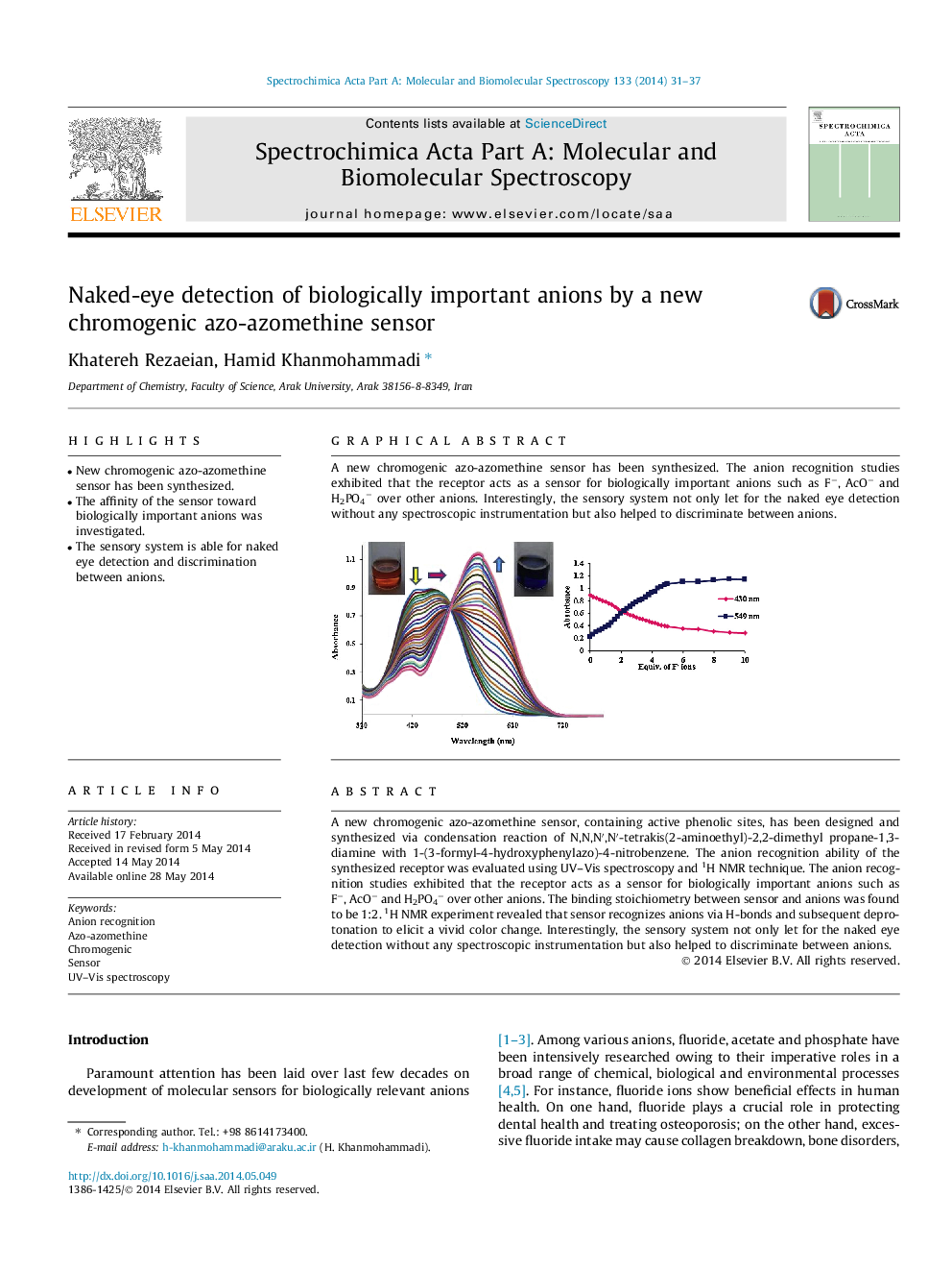 Naked-eye detection of biologically important anions by a new chromogenic azo-azomethine sensor