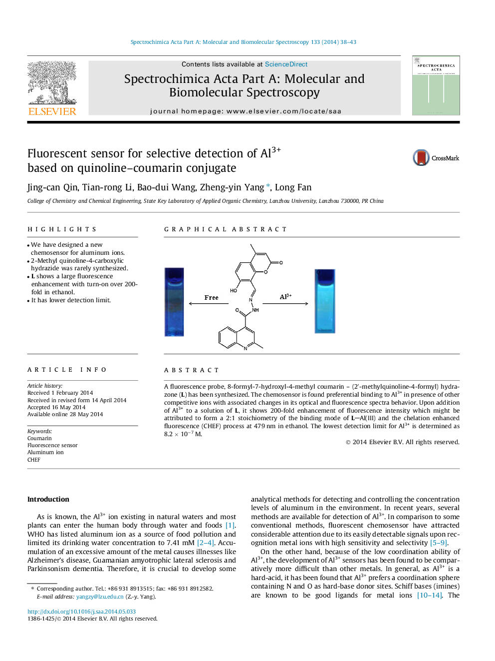 Fluorescent sensor for selective detection of Al3+ based on quinoline–coumarin conjugate