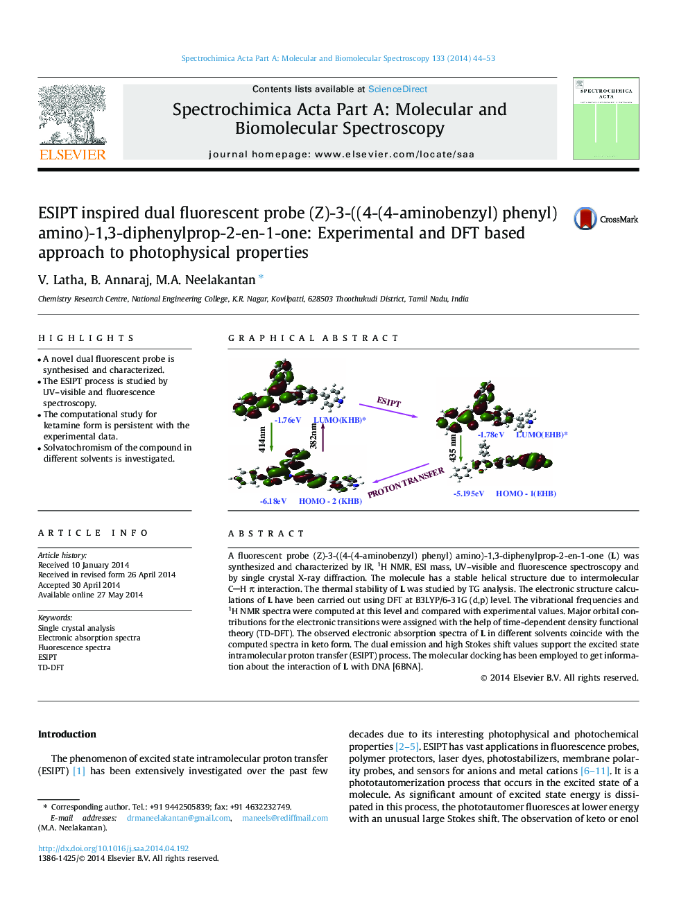 ESIPT inspired dual fluorescent probe (Z)-3-((4-(4-aminobenzyl) phenyl) amino)-1,3-diphenylprop-2-en-1-one: Experimental and DFT based approach to photophysical properties