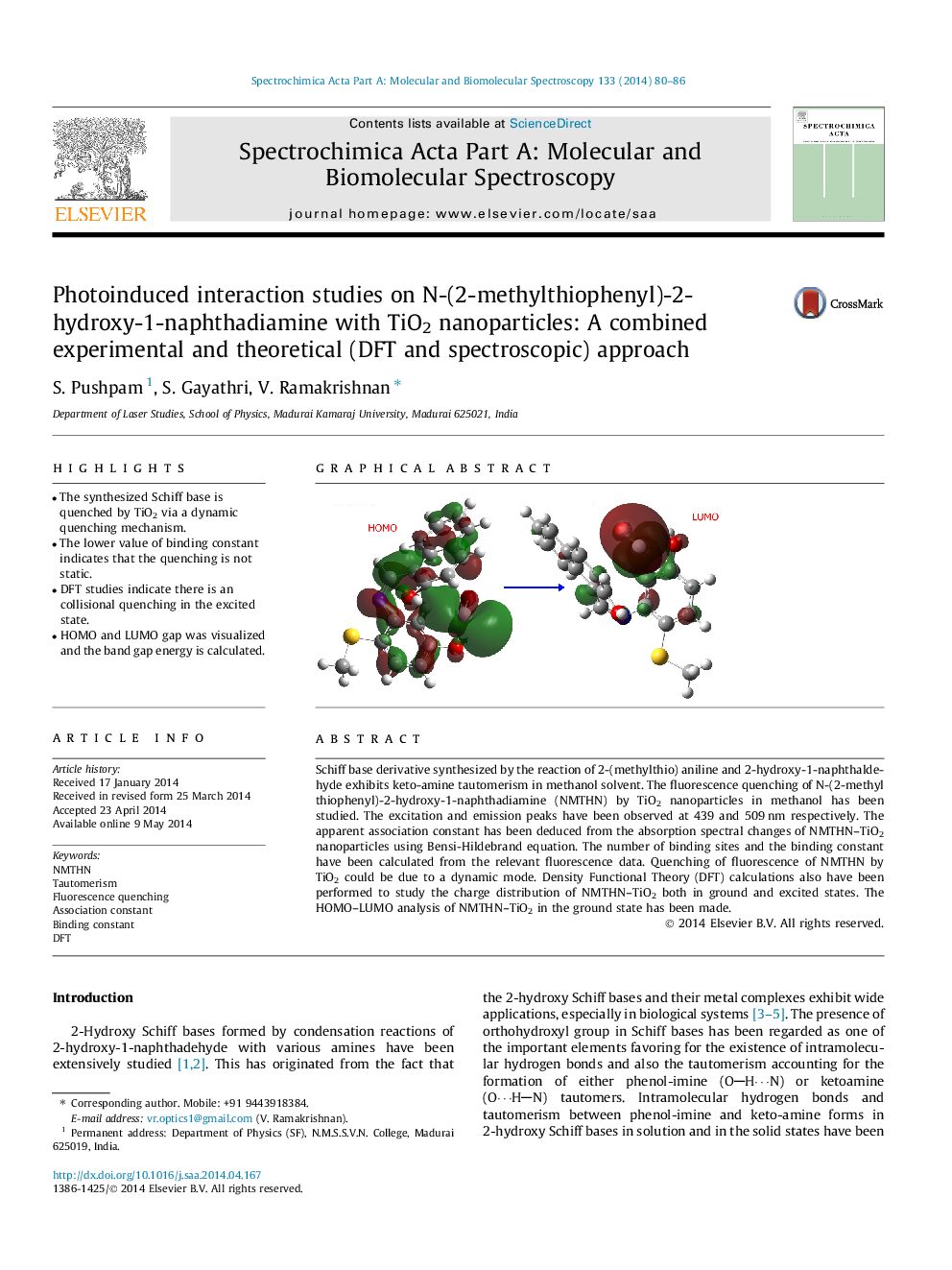 Photoinduced interaction studies on N-(2-methylthiophenyl)-2-hydroxy-1-naphthadiamine with TiO2 nanoparticles: A combined experimental and theoretical (DFT and spectroscopic) approach