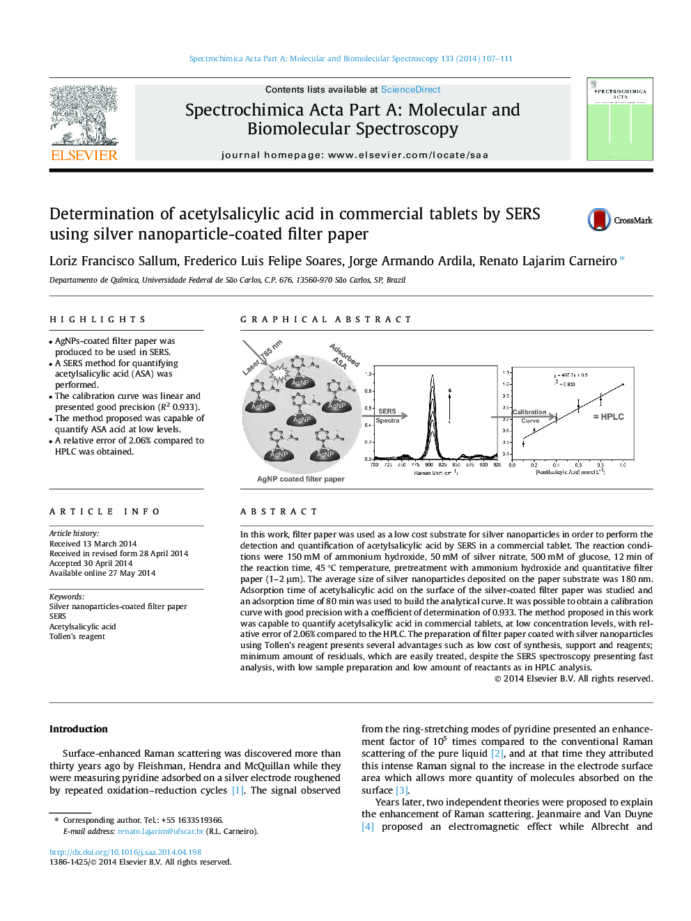 Determination of acetylsalicylic acid in commercial tablets by SERS using silver nanoparticle-coated filter paper