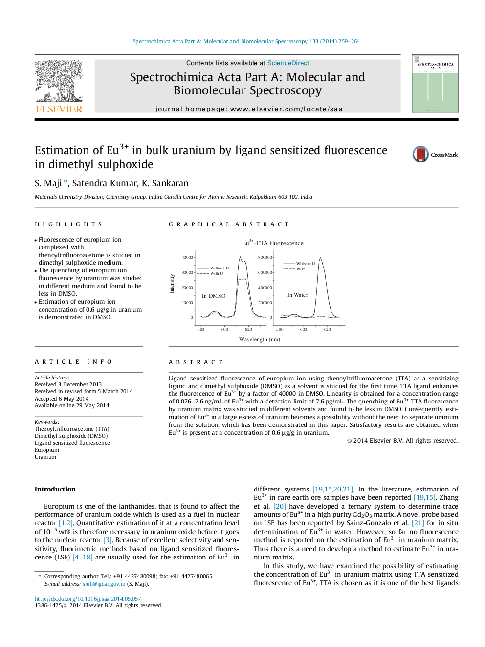 Estimation of Eu3+ in bulk uranium by ligand sensitized fluorescence in dimethyl sulphoxide