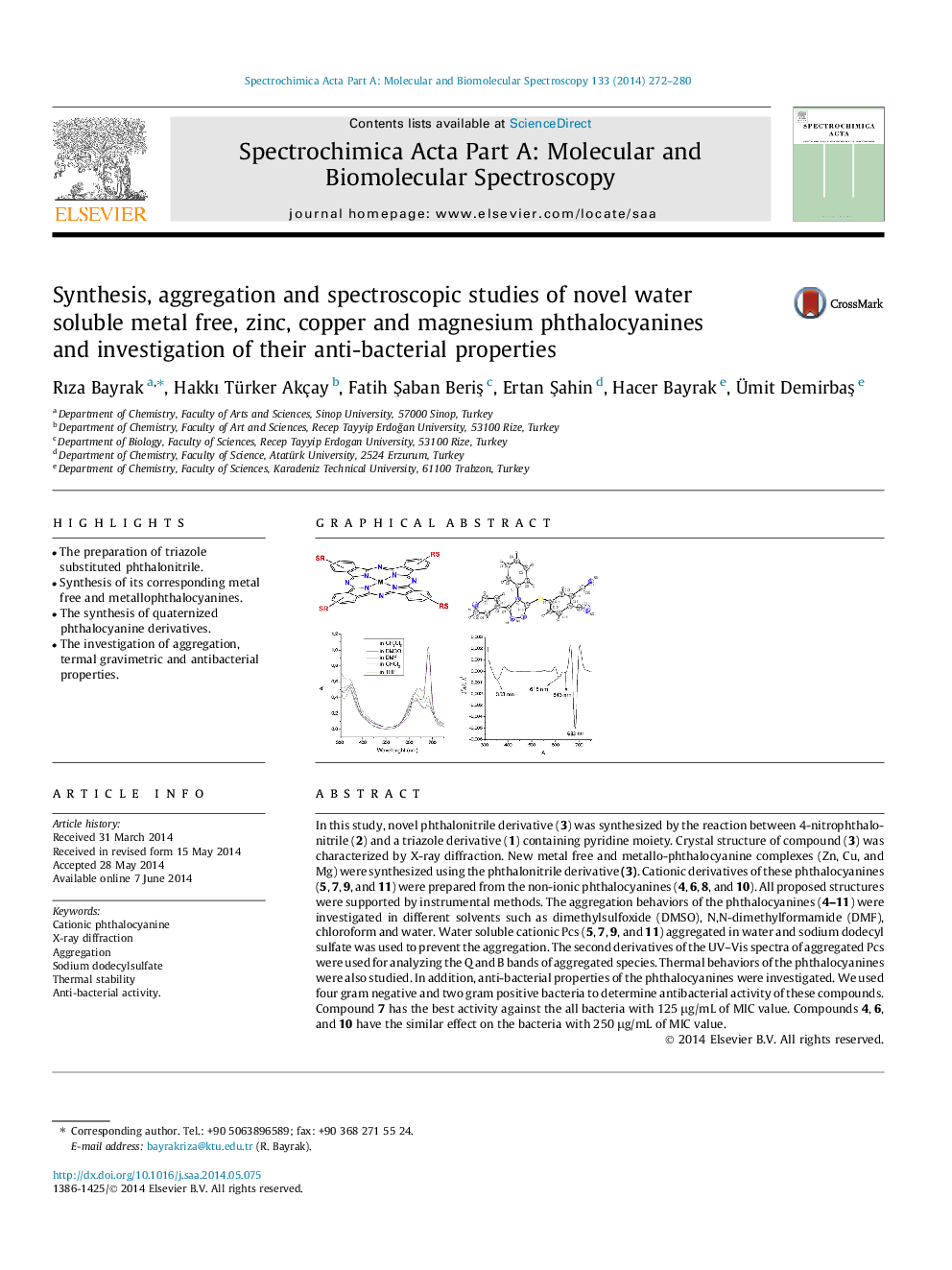 Synthesis, aggregation and spectroscopic studies of novel water soluble metal free, zinc, copper and magnesium phthalocyanines and investigation of their anti-bacterial properties