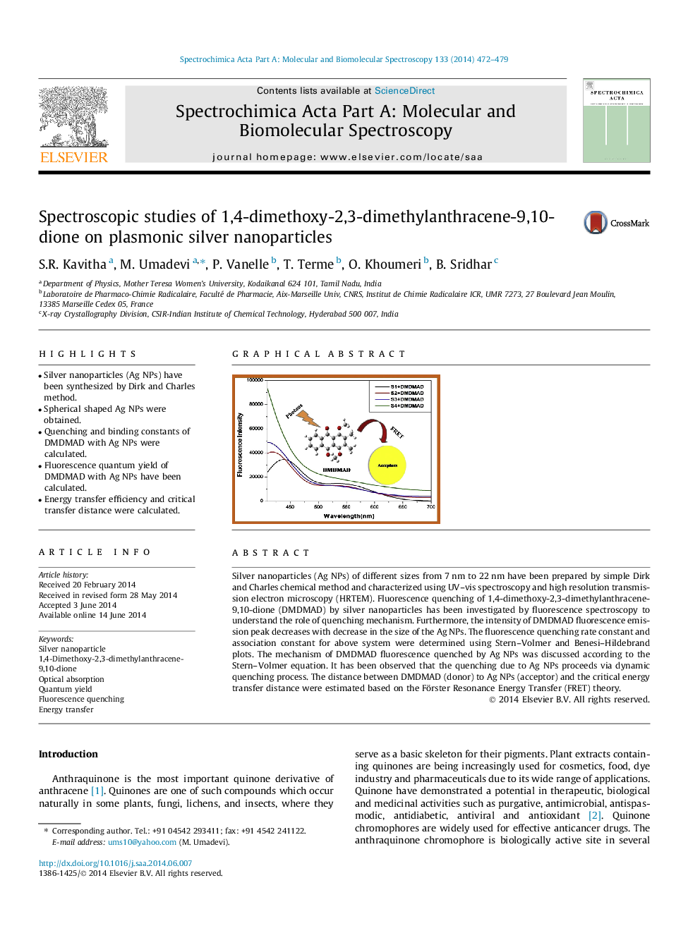 Spectroscopic studies of 1,4-dimethoxy-2,3-dimethylanthracene-9,10-dione on plasmonic silver nanoparticles