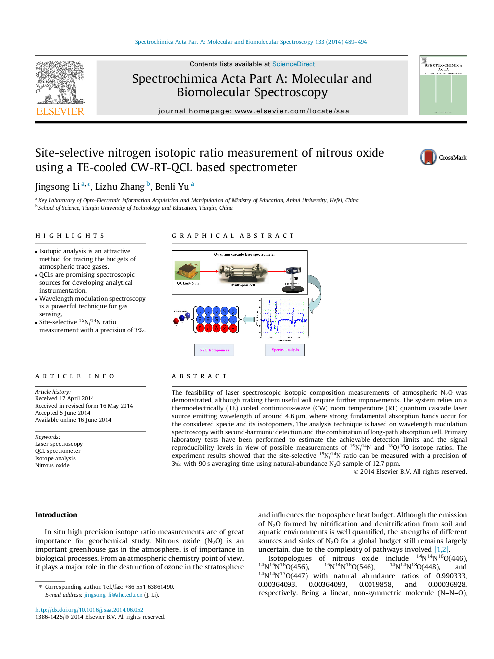 Site-selective nitrogen isotopic ratio measurement of nitrous oxide using a TE-cooled CW-RT-QCL based spectrometer