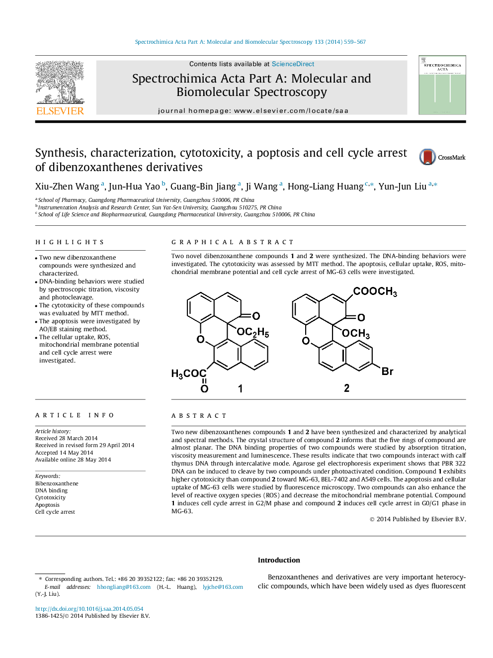 Synthesis, characterization, cytotoxicity, a poptosis and cell cycle arrest of dibenzoxanthenes derivatives