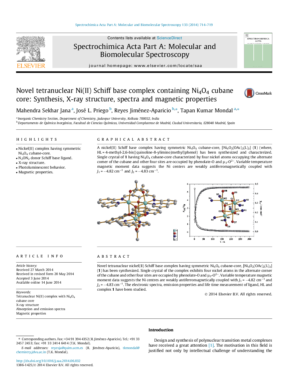 Novel tetranuclear Ni(II) Schiff base complex containing Ni4O4 cubane core: Synthesis, X-ray structure, spectra and magnetic properties