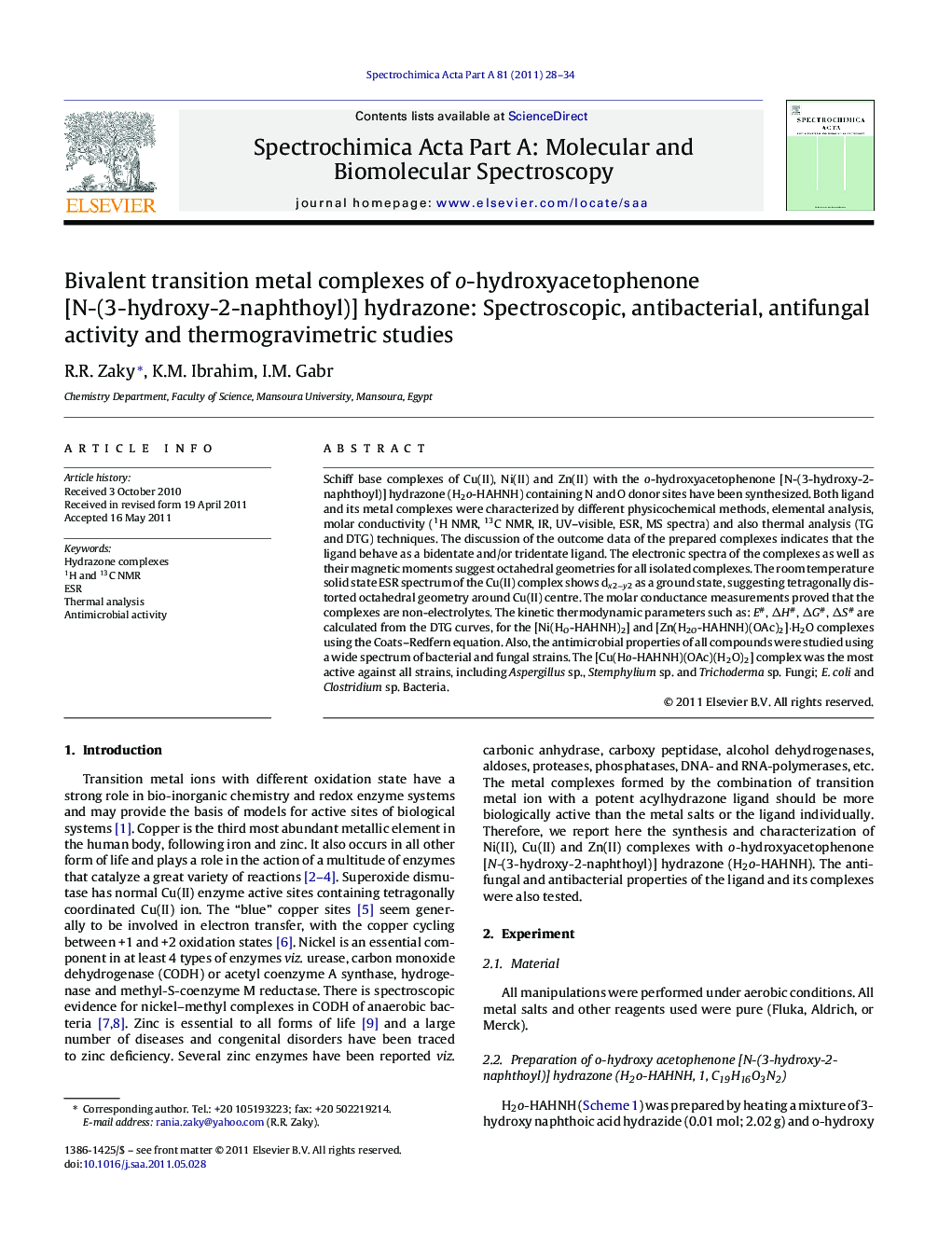 Bivalent transition metal complexes of o-hydroxyacetophenone [N-(3-hydroxy-2-naphthoyl)] hydrazone: Spectroscopic, antibacterial, antifungal activity and thermogravimetric studies