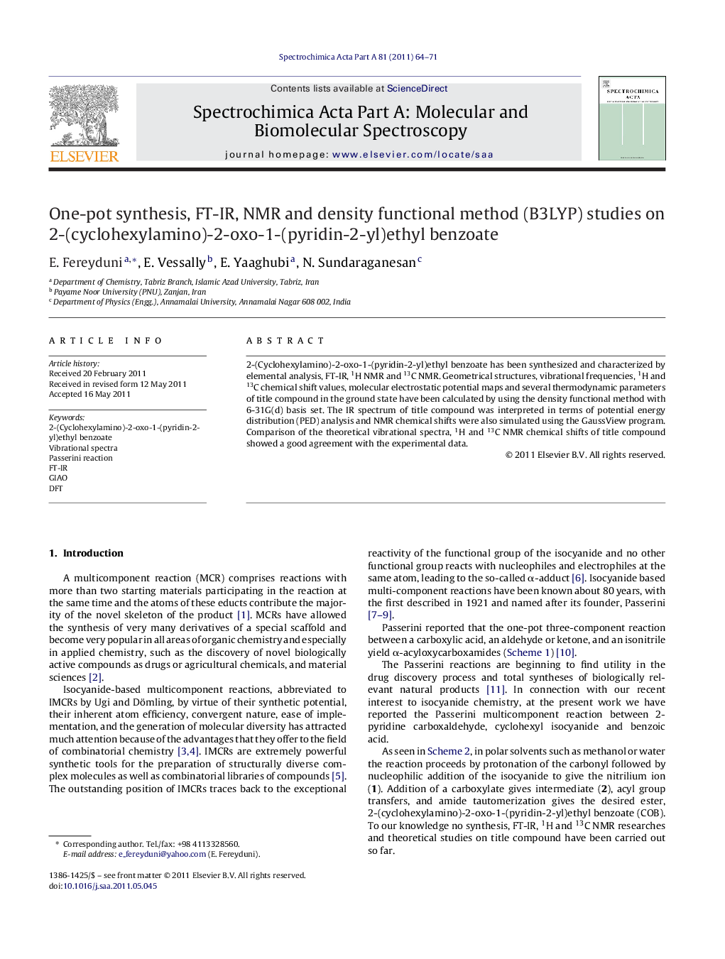 One-pot synthesis, FT-IR, NMR and density functional method (B3LYP) studies on 2-(cyclohexylamino)-2-oxo-1-(pyridin-2-yl)ethyl benzoate