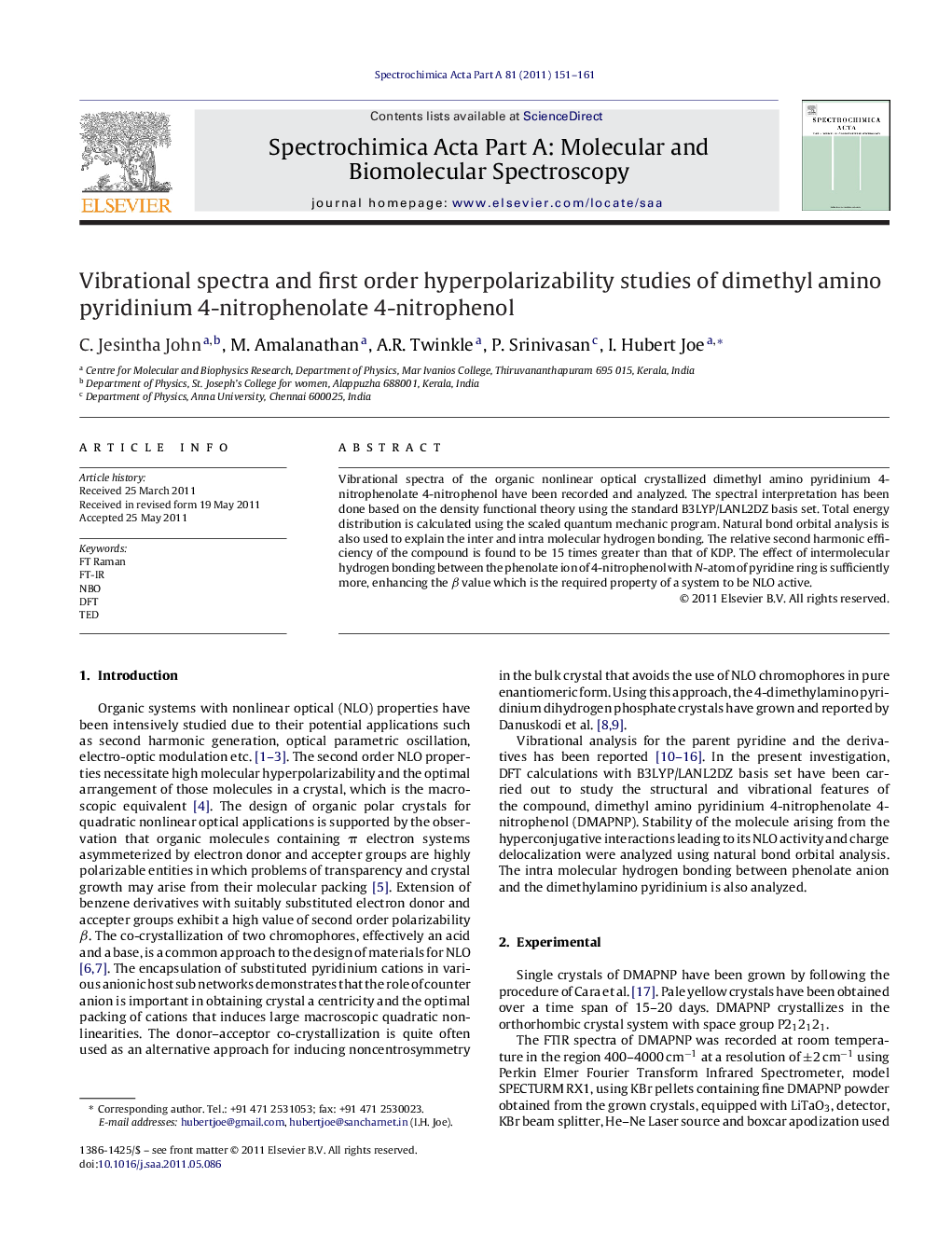 Vibrational spectra and first order hyperpolarizability studies of dimethyl amino pyridinium 4-nitrophenolate 4-nitrophenol