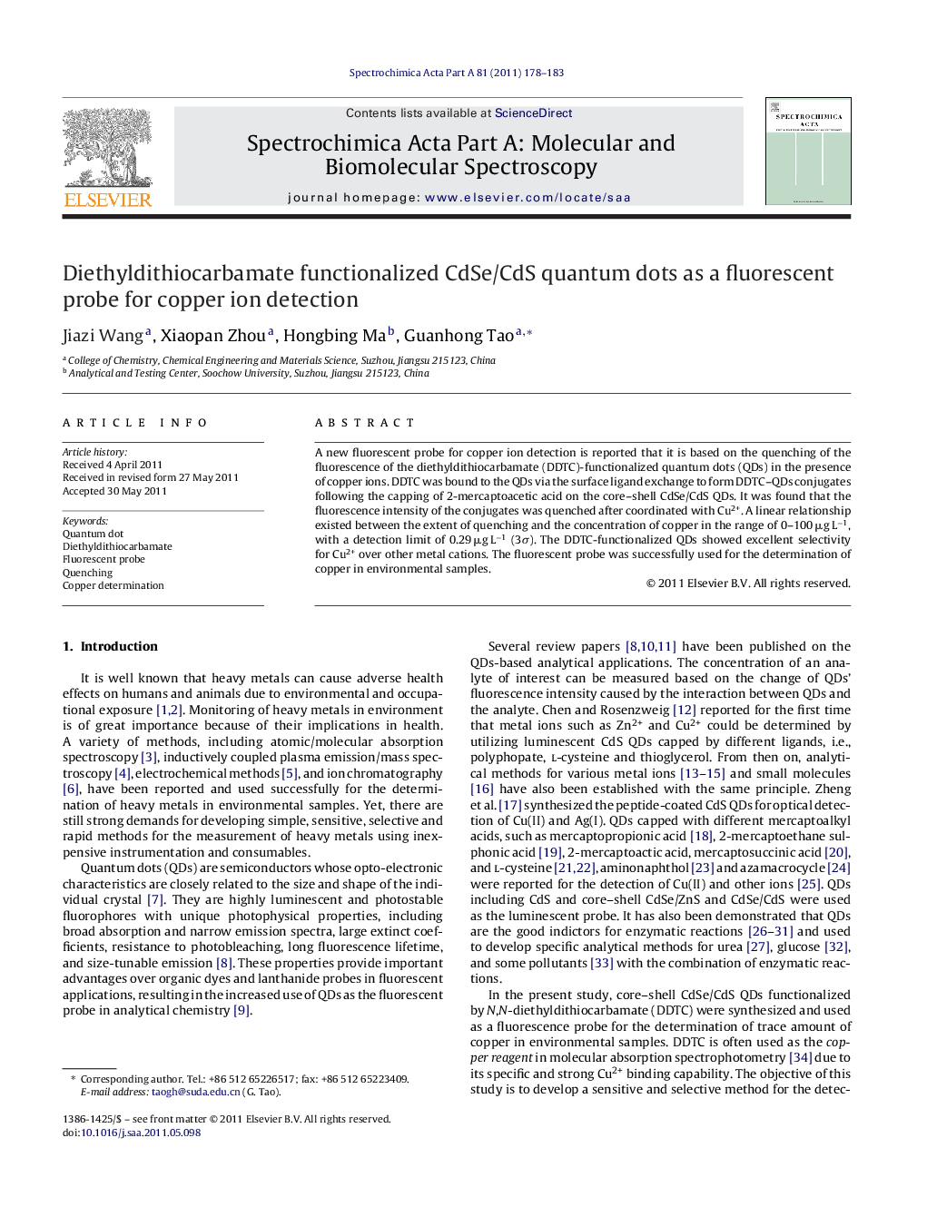 Diethyldithiocarbamate functionalized CdSe/CdS quantum dots as a fluorescent probe for copper ion detection