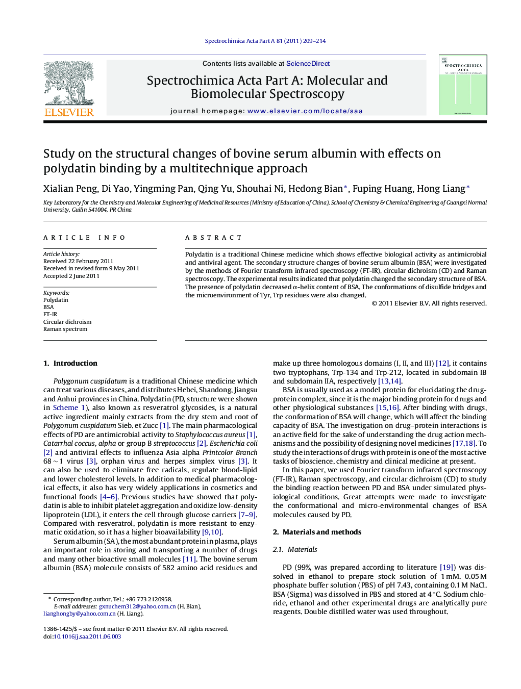 Study on the structural changes of bovine serum albumin with effects on polydatin binding by a multitechnique approach