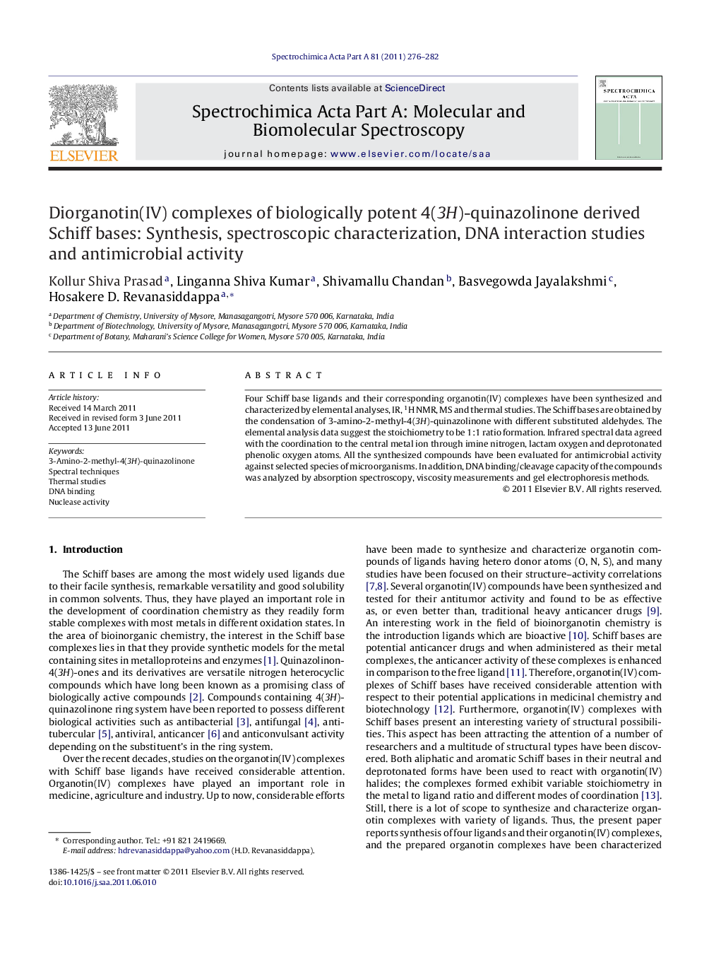 Diorganotin(IV) complexes of biologically potent 4(3H)-quinazolinone derived Schiff bases: Synthesis, spectroscopic characterization, DNA interaction studies and antimicrobial activity