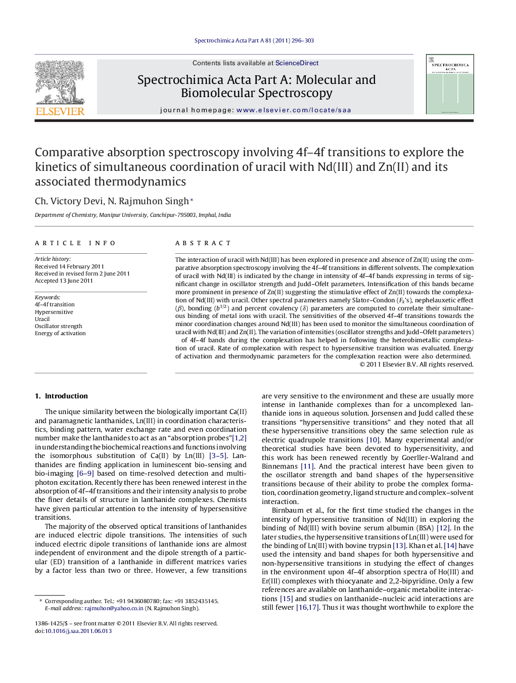 Comparative absorption spectroscopy involving 4f–4f transitions to explore the kinetics of simultaneous coordination of uracil with Nd(III) and Zn(II) and its associated thermodynamics