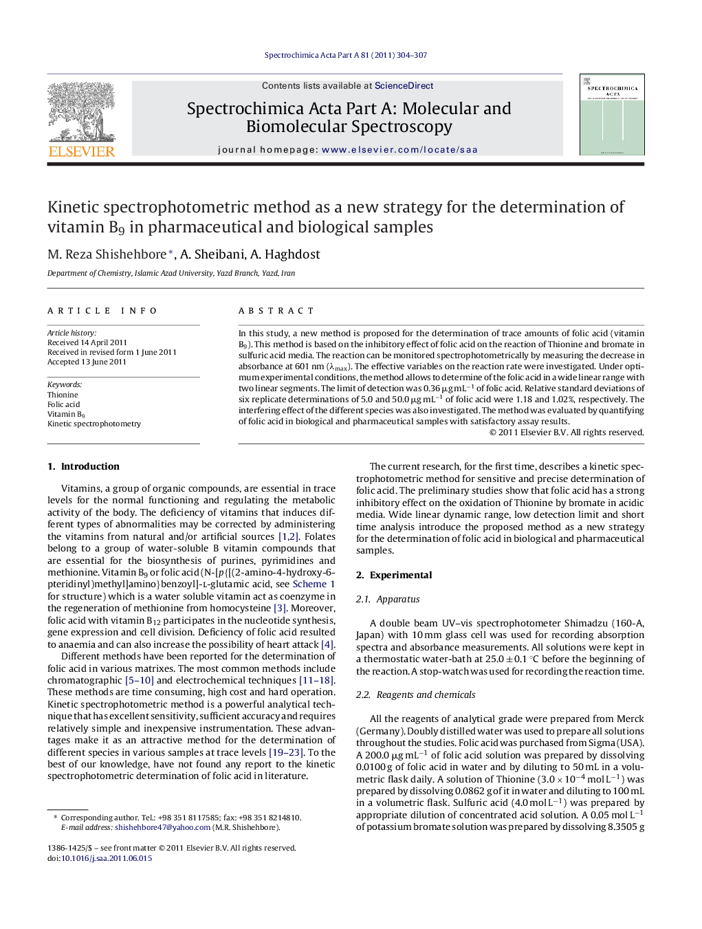 Kinetic spectrophotometric method as a new strategy for the determination of vitamin B9 in pharmaceutical and biological samples