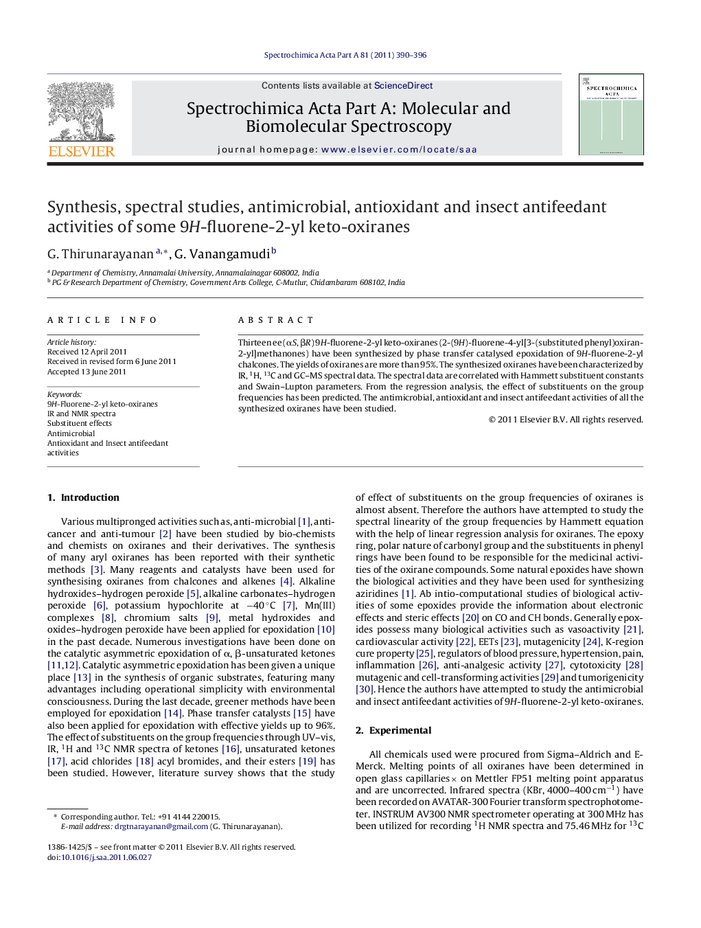 Synthesis, spectral studies, antimicrobial, antioxidant and insect antifeedant activities of some 9H-fluorene-2-yl keto-oxiranes