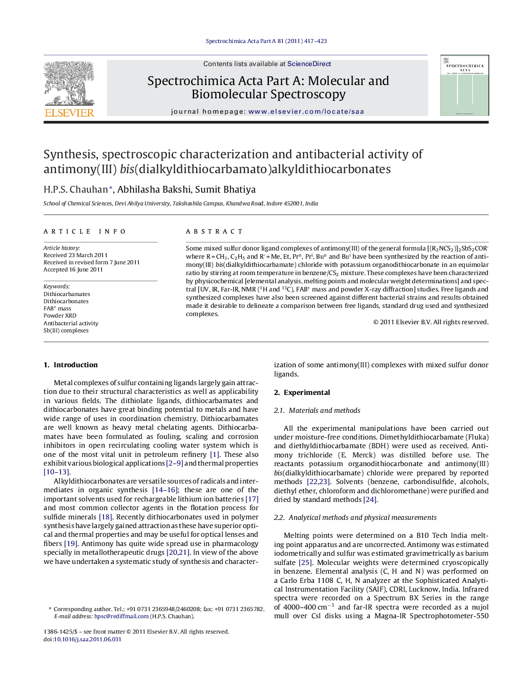 Synthesis, spectroscopic characterization and antibacterial activity of antimony(III) bis(dialkyldithiocarbamato)alkyldithiocarbonates