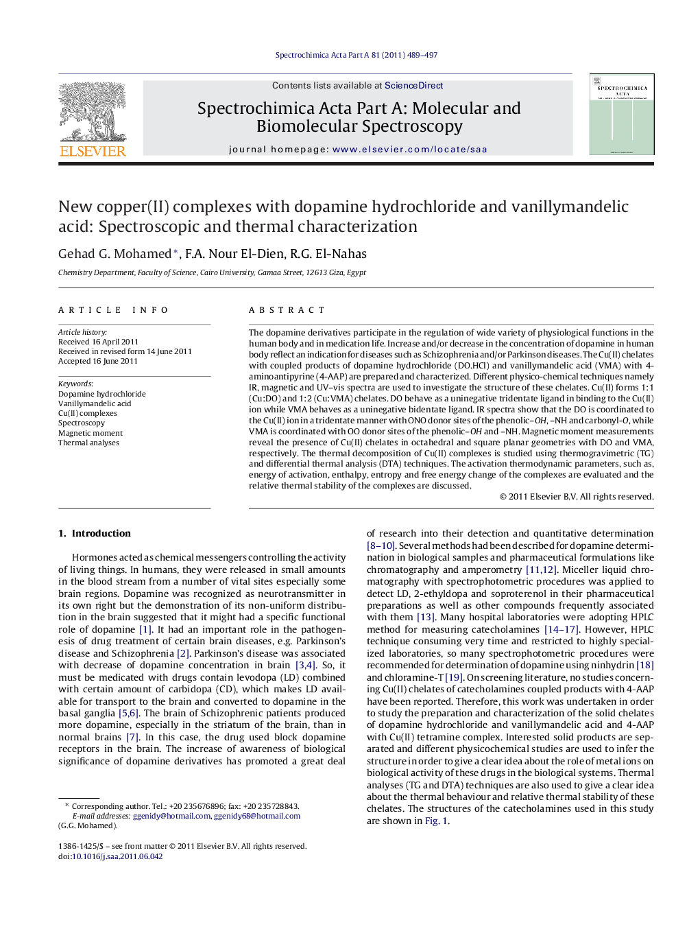 New copper(II) complexes with dopamine hydrochloride and vanillymandelic acid: Spectroscopic and thermal characterization