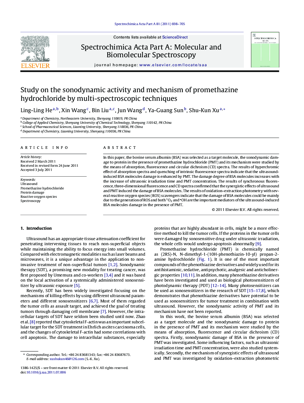 Study on the sonodynamic activity and mechanism of promethazine hydrochloride by multi-spectroscopic techniques