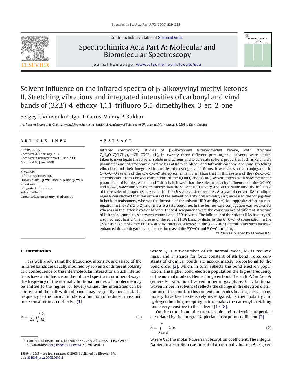 Solvent influence on the infrared spectra of β-alkoxyvinyl methyl ketones: II. Stretching vibrations and integrated intensities of carbonyl and vinyl bands of (3Z,E)-4-ethoxy-1,1,1-trifluoro-5,5-dimethylhex-3-en-2-one