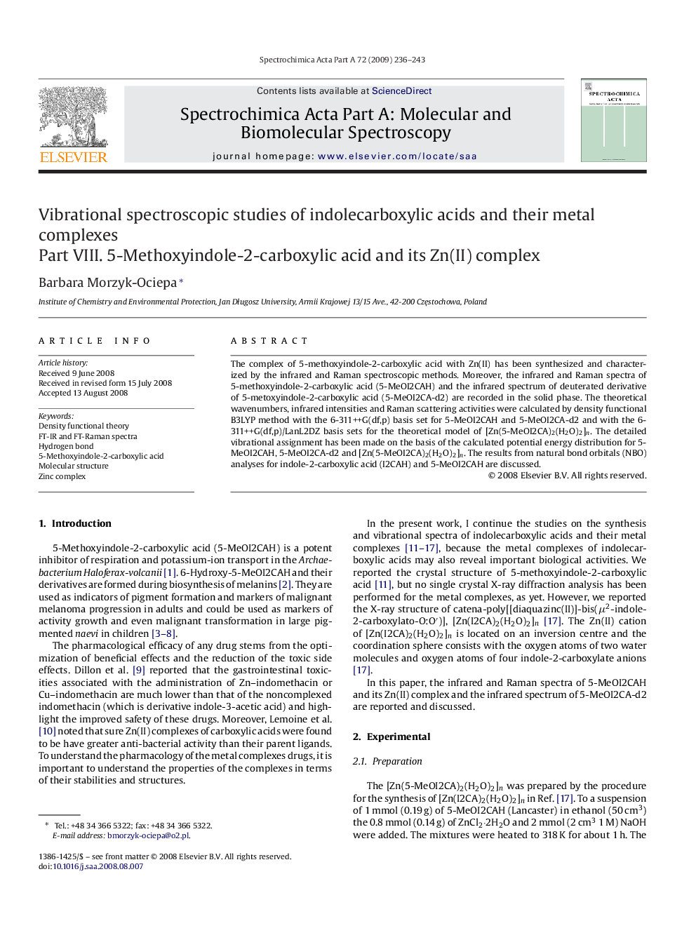 Vibrational spectroscopic studies of indolecarboxylic acids and their metal complexes: Part VIII. 5-Methoxyindole-2-carboxylic acid and its Zn(II) complex