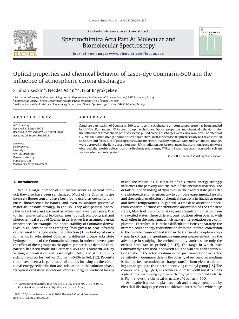 Optical properties and chemical behavior of Laser-dye Coumarin-500 and the influence of atmospheric corona discharges