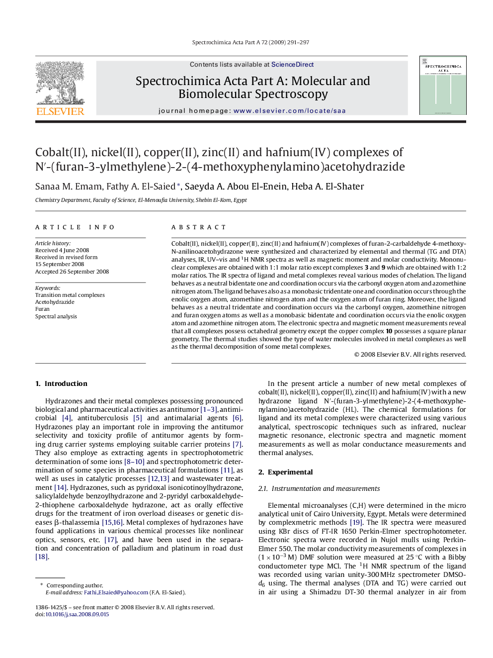 Cobalt(II), nickel(II), copper(II), zinc(II) and hafnium(IV) complexes of N′-(furan-3-ylmethylene)-2-(4-methoxyphenylamino)acetohydrazide