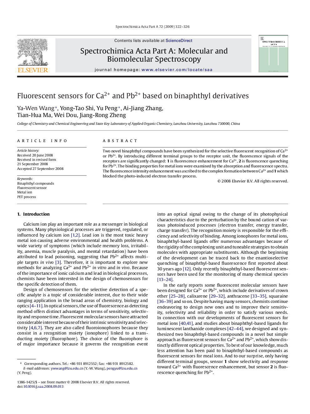 Fluorescent sensors for Ca2+ and Pb2+ based on binaphthyl derivatives