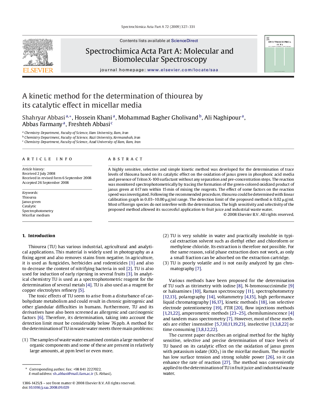 A kinetic method for the determination of thiourea by its catalytic effect in micellar media