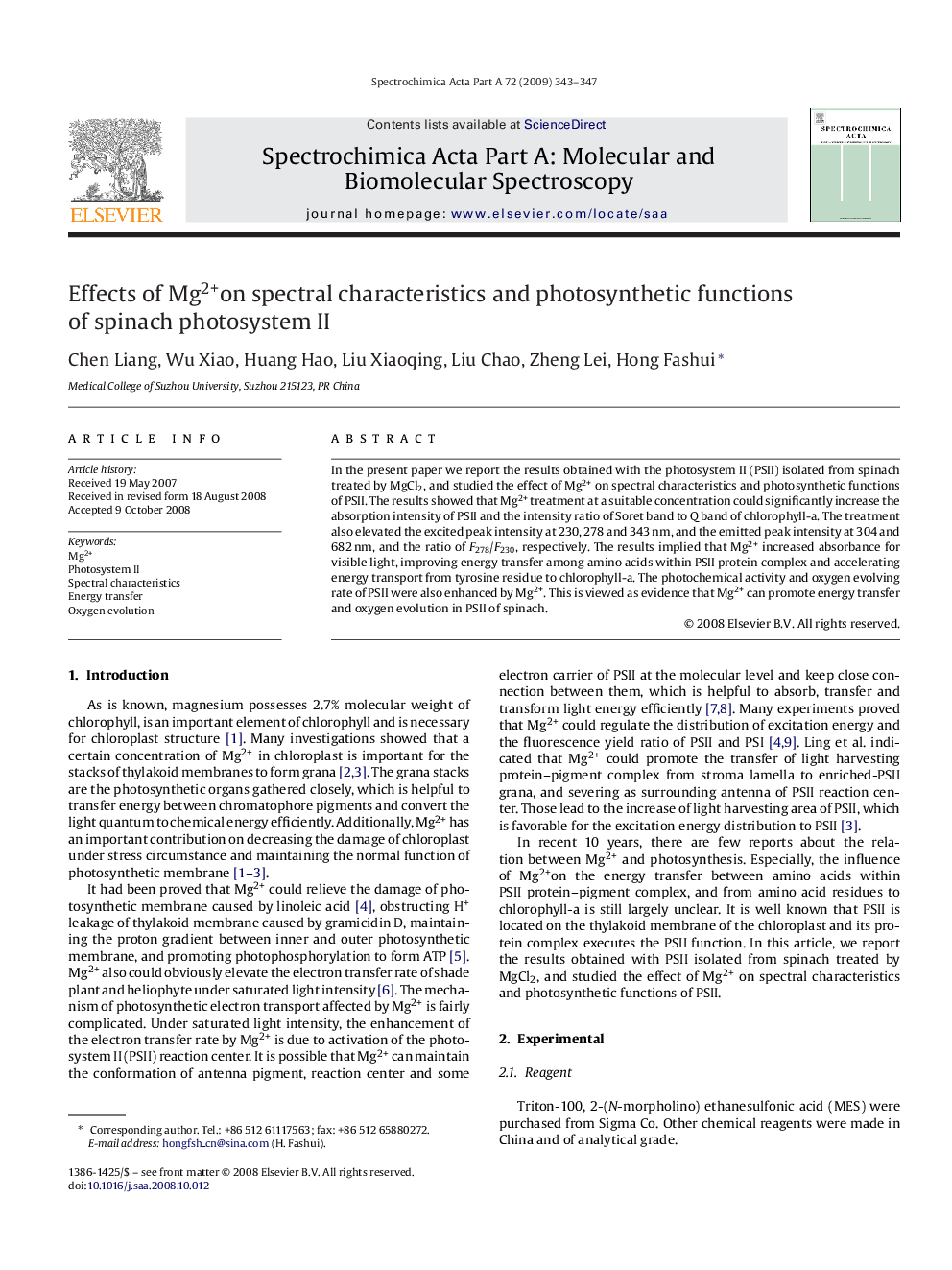 Effects of Mg2+on spectral characteristics and photosynthetic functions of spinach photosystem II