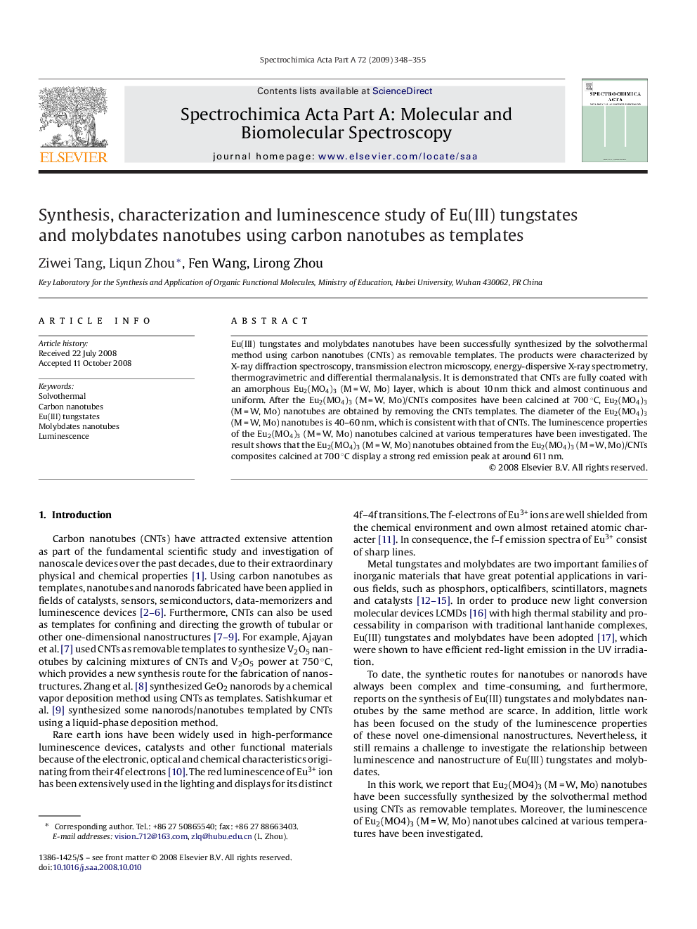 Synthesis, characterization and luminescence study of Eu(III) tungstates and molybdates nanotubes using carbon nanotubes as templates