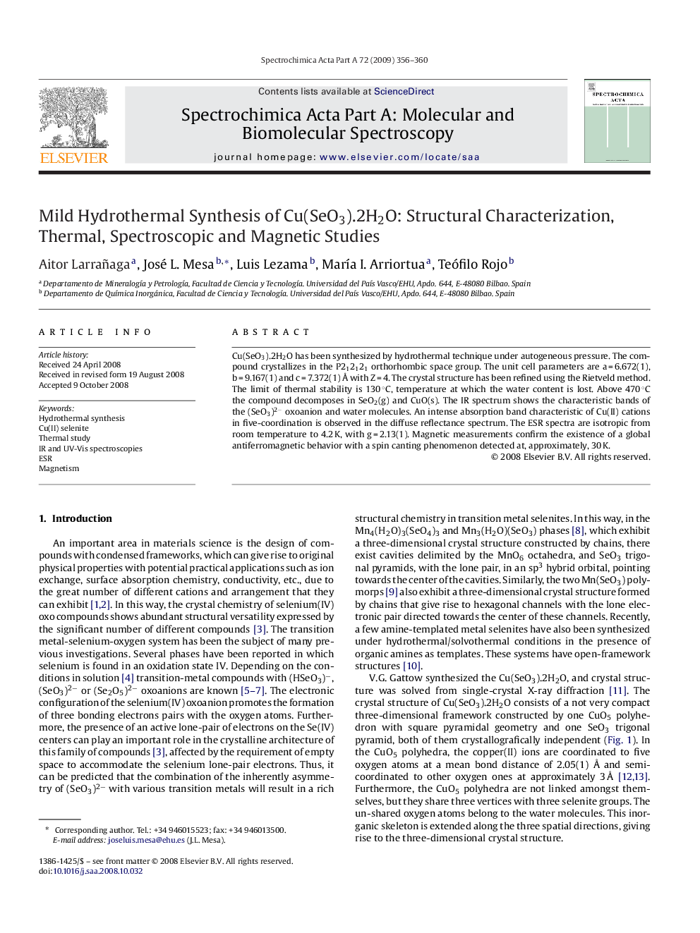 Mild Hydrothermal Synthesis of Cu(SeO3).2H2O: Structural Characterization, Thermal, Spectroscopic and Magnetic Studies