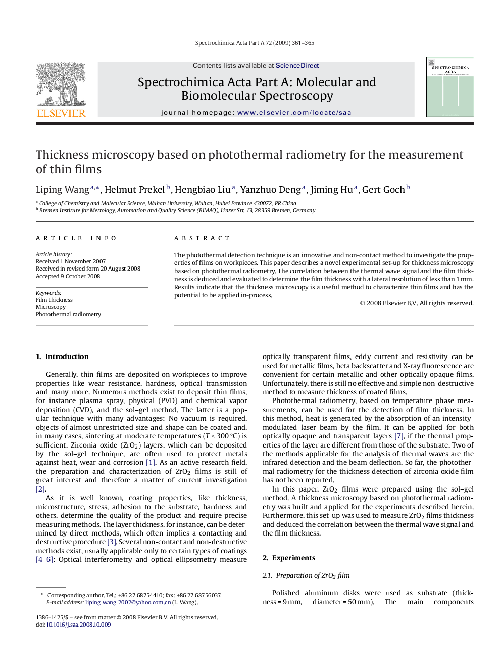 Thickness microscopy based on photothermal radiometry for the measurement of thin films