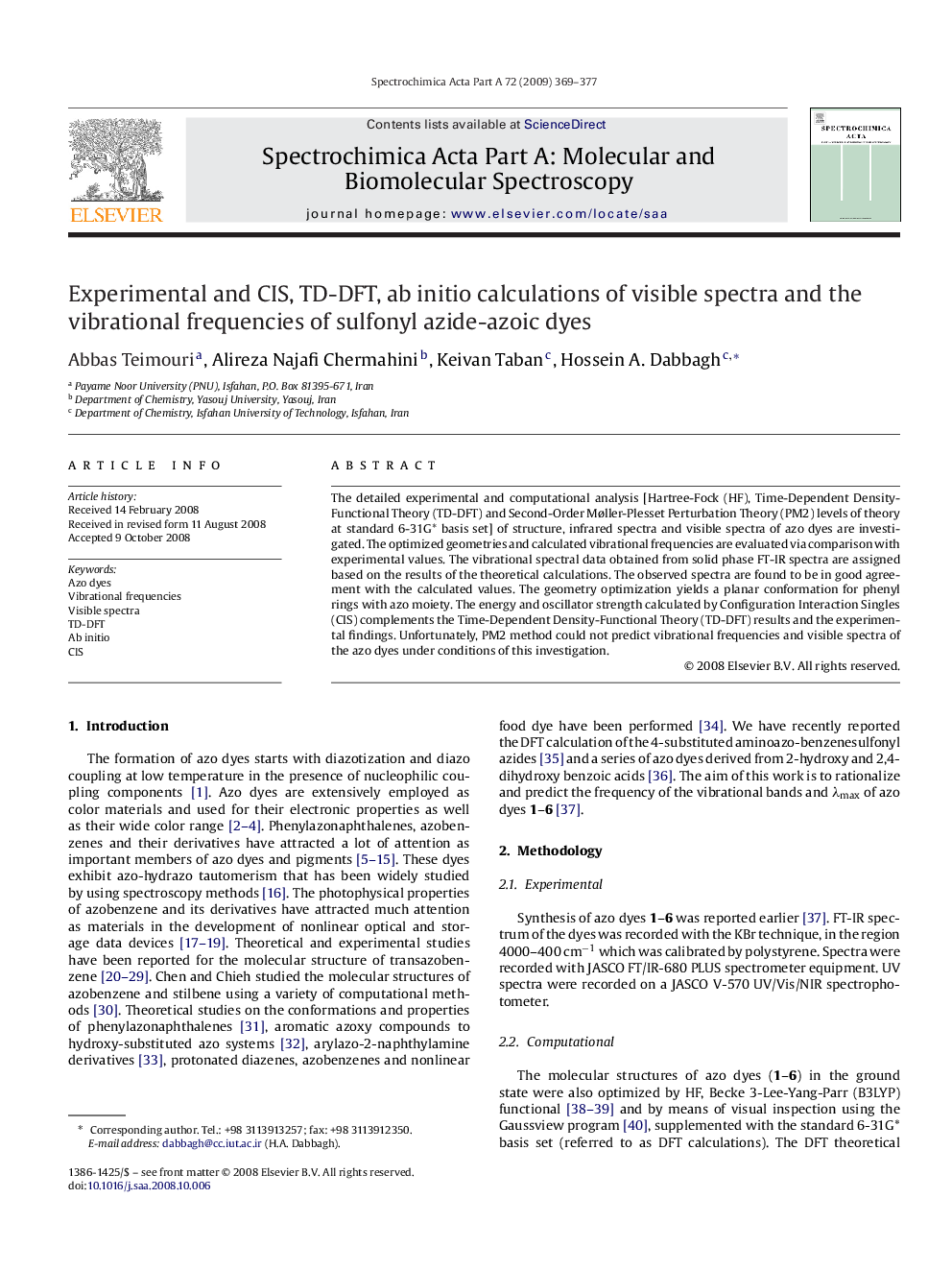 Experimental and CIS, TD-DFT, ab initio calculations of visible spectra and the vibrational frequencies of sulfonyl azide-azoic dyes