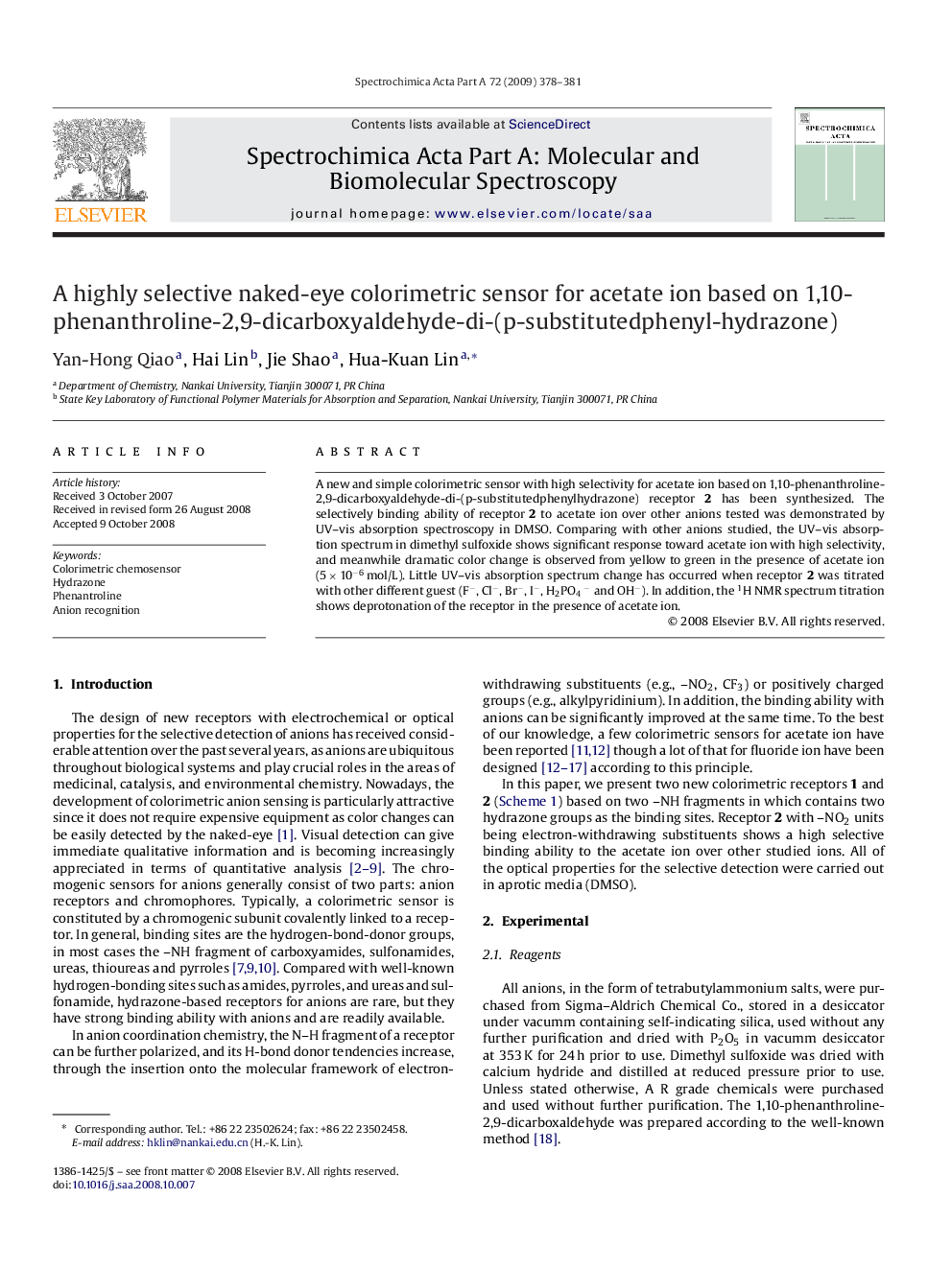 A highly selective naked-eye colorimetric sensor for acetate ion based on 1,10-phenanthroline-2,9-dicarboxyaldehyde-di-(p-substitutedphenyl-hydrazone)