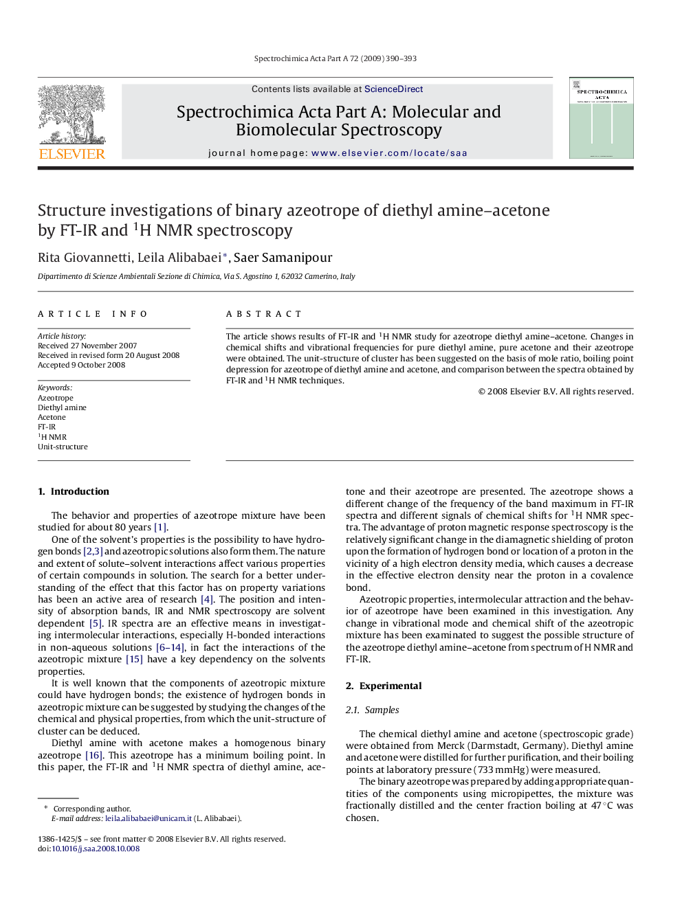 Structure investigations of binary azeotrope of diethyl amine–acetone by FT-IR and 1H NMR spectroscopy