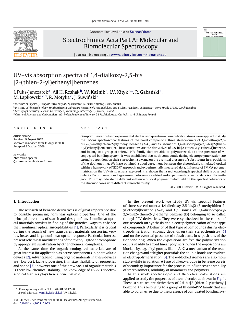 UV-vis absorption spectra of 1,4-dialkoxy-2,5-bis[2-(thien-2-yl)ethenyl]benzenes