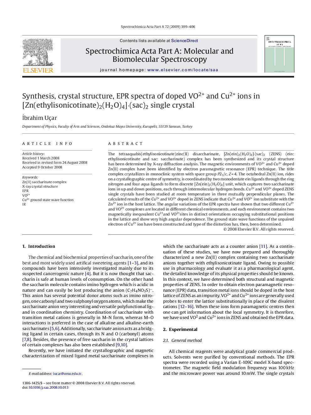 Synthesis, crystal structure, EPR spectra of doped VO2+ and Cu2+ ions in [Zn(ethylisonicotinate)2(H2O)4]Â·(sac)2 single crystal