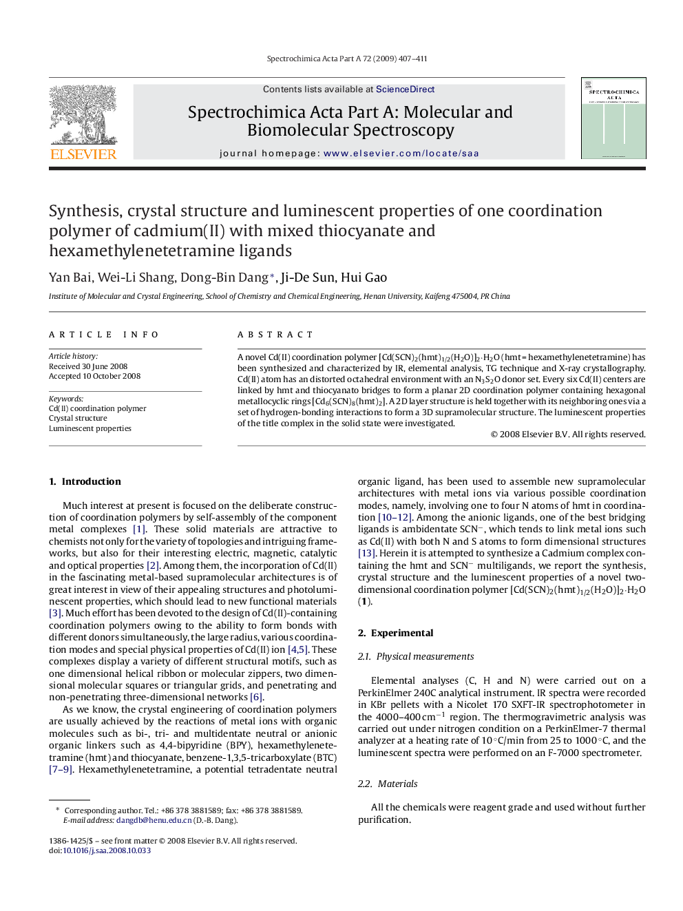 Synthesis, crystal structure and luminescent properties of one coordination polymer of cadmium(II) with mixed thiocyanate and hexamethylenetetramine ligands