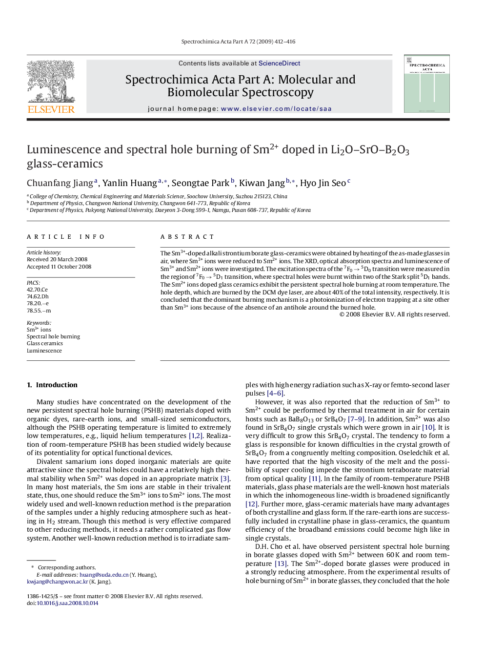 Luminescence and spectral hole burning of Sm2+ doped in Li2O–SrO–B2O3 glass-ceramics