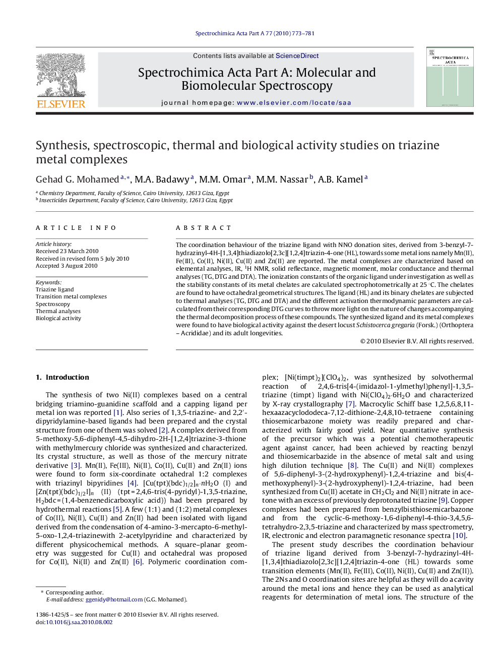 Synthesis, spectroscopic, thermal and biological activity studies on triazine metal complexes