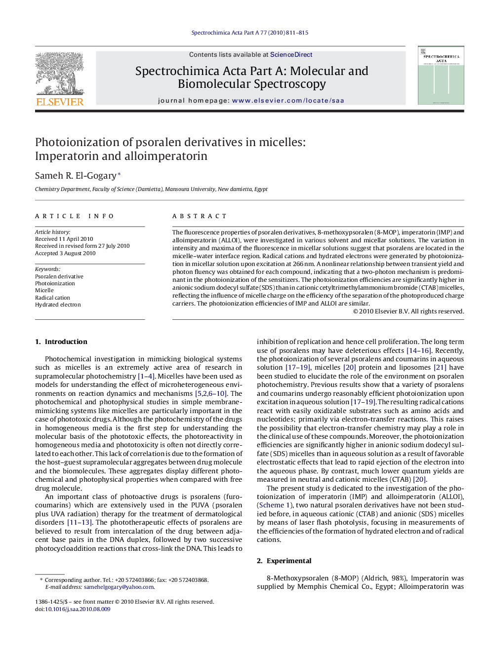 Photoionization of psoralen derivatives in micelles: Imperatorin and alloimperatorin