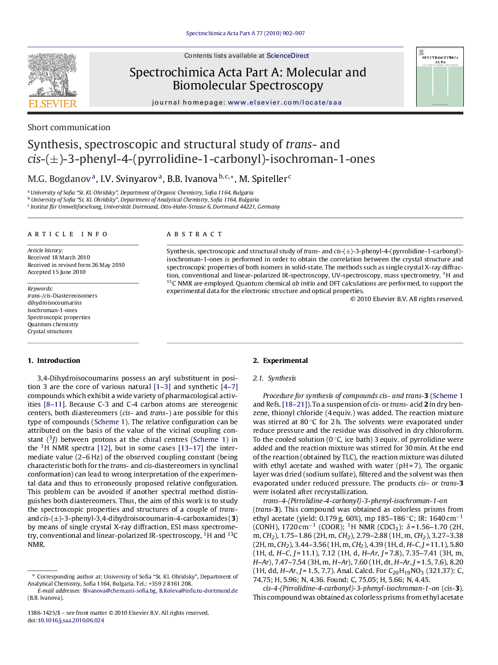 Synthesis, spectroscopic and structural study of trans- and cis-(±)-3-phenyl-4-(pyrrolidine-1-carbonyl)-isochroman-1-ones