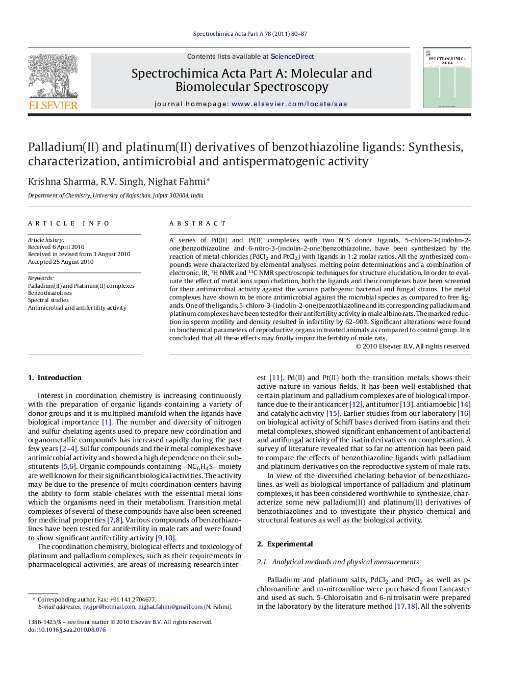 Palladium(II) and platinum(II) derivatives of benzothiazoline ligands: Synthesis, characterization, antimicrobial and antispermatogenic activity