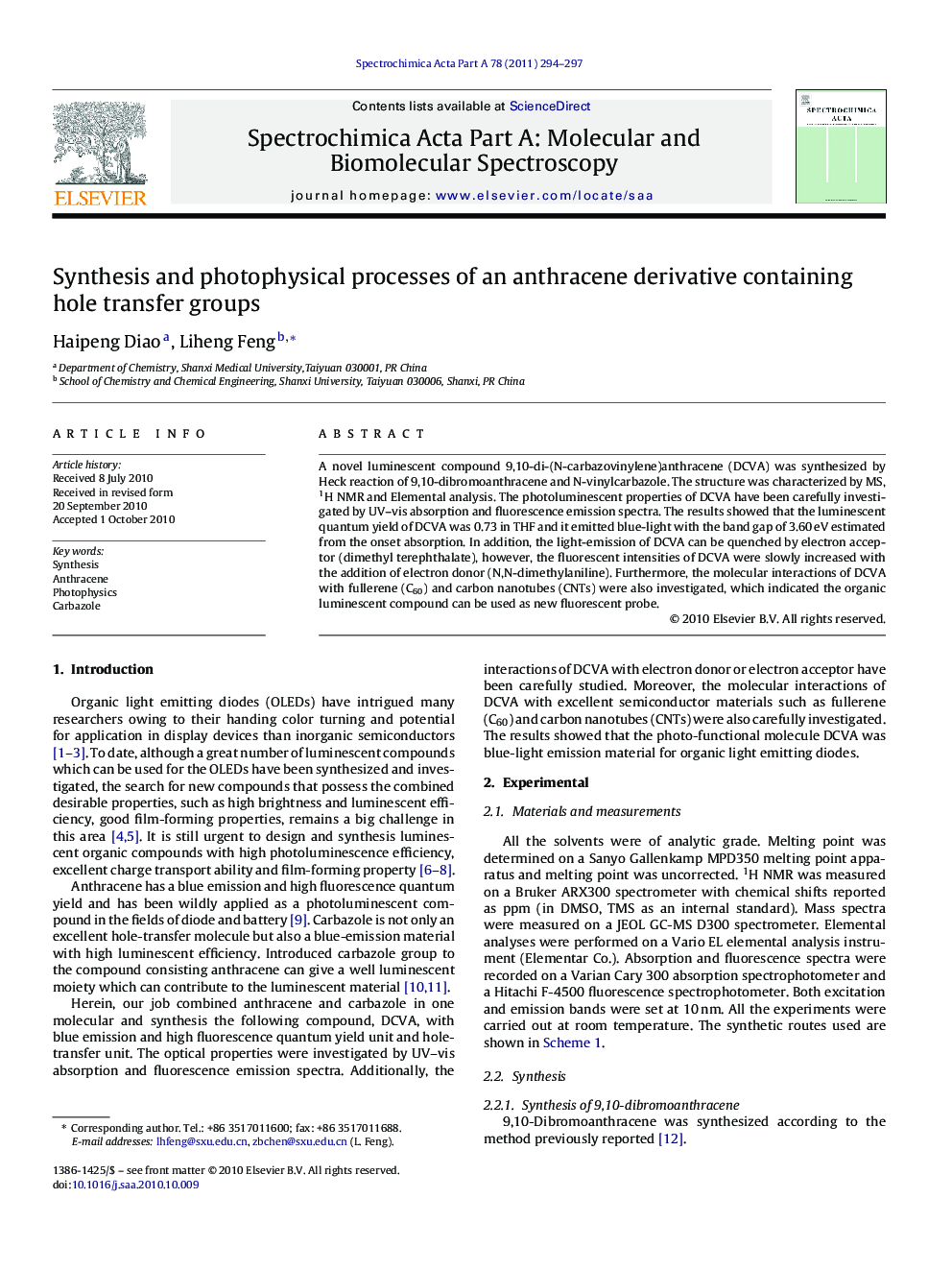 Synthesis and photophysical processes of an anthracene derivative containing hole transfer groups