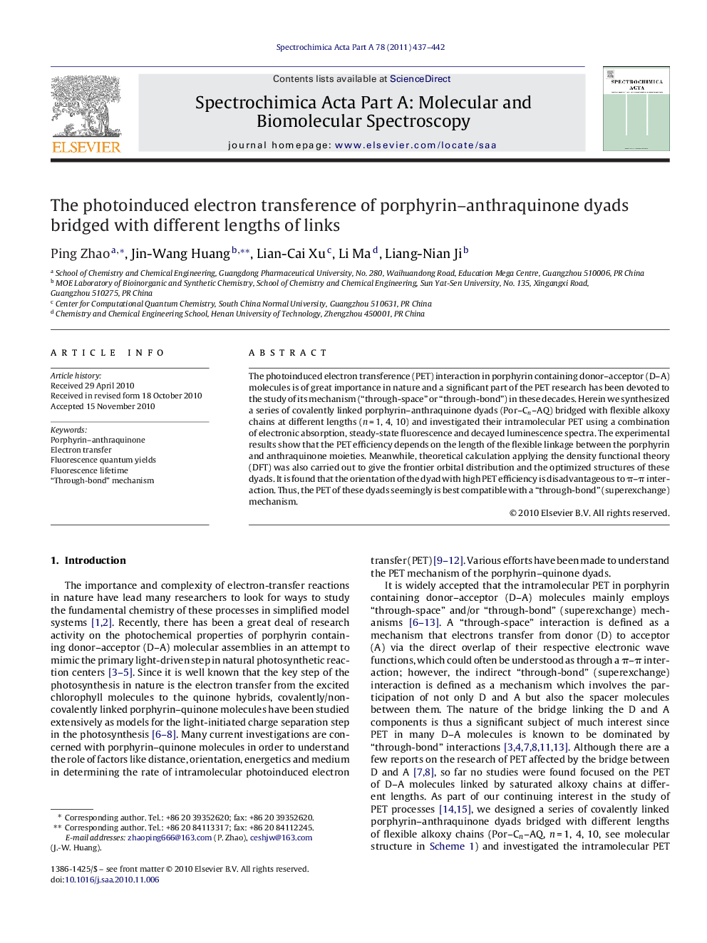 The photoinduced electron transference of porphyrin–anthraquinone dyads bridged with different lengths of links