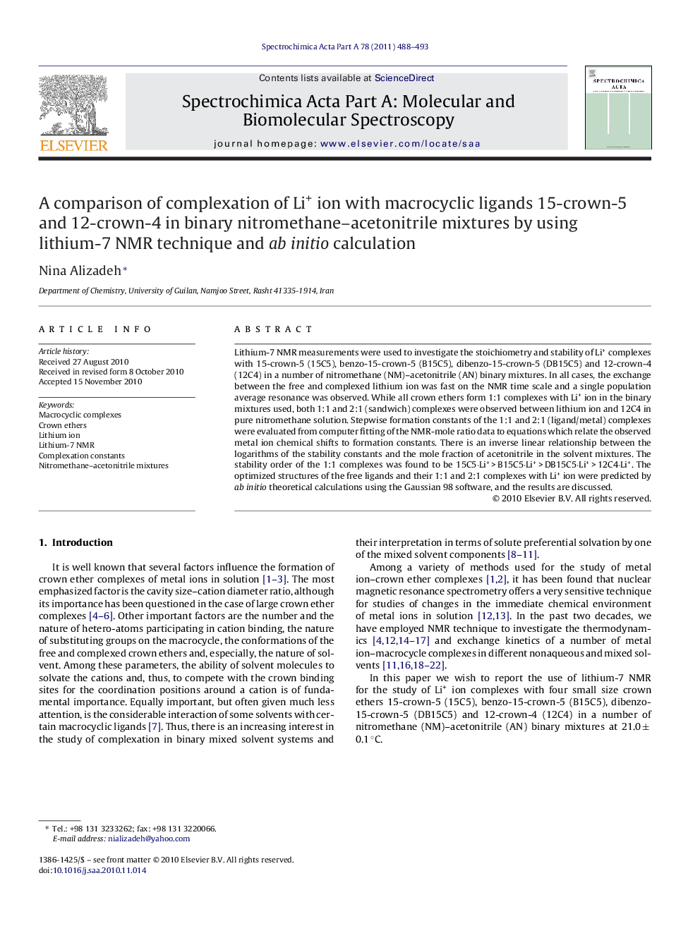 A comparison of complexation of Li+ ion with macrocyclic ligands 15-crown-5 and 12-crown-4 in binary nitromethane–acetonitrile mixtures by using lithium-7 NMR technique and ab initio calculation