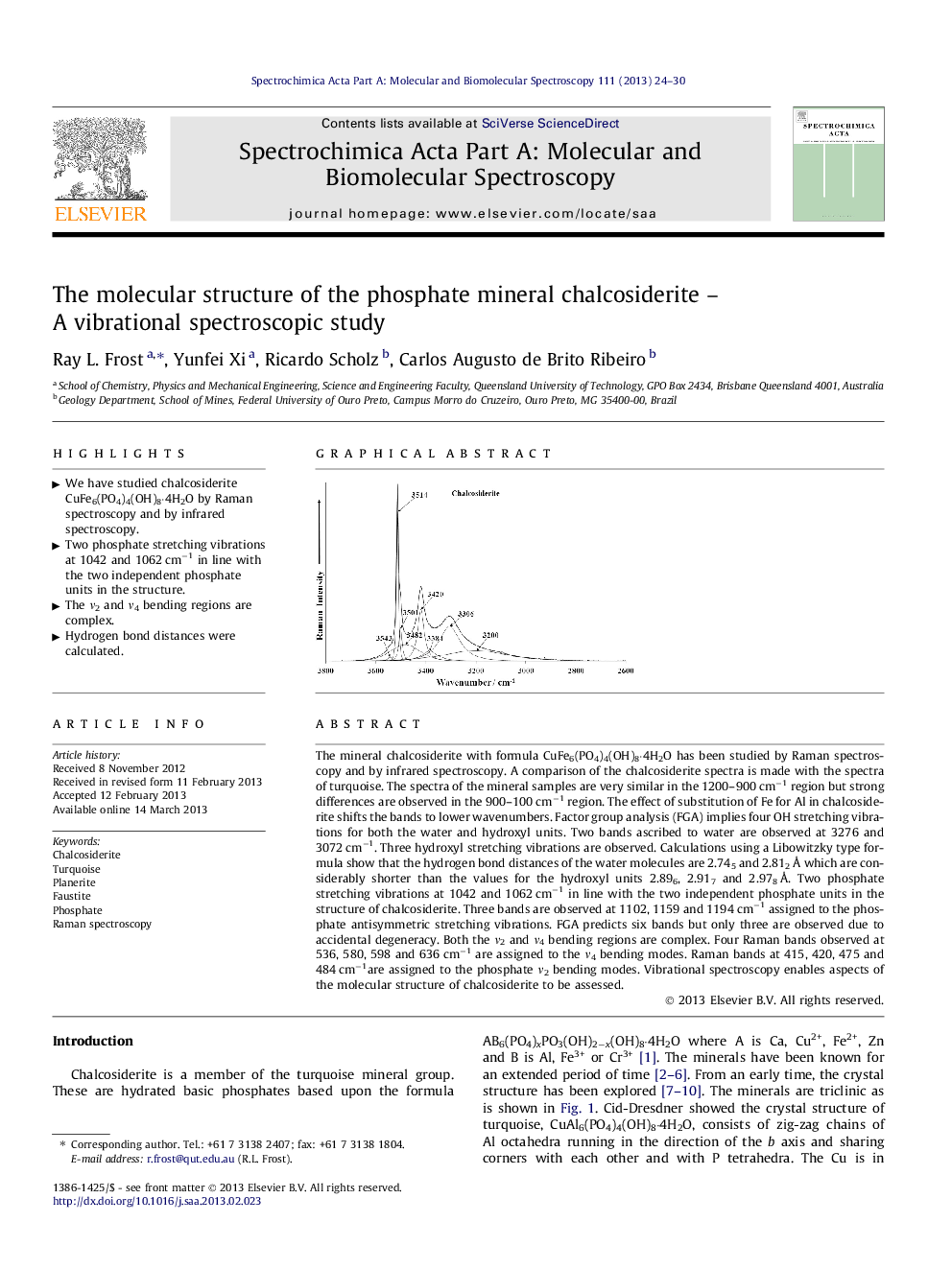 The molecular structure of the phosphate mineral chalcosiderite – A vibrational spectroscopic study