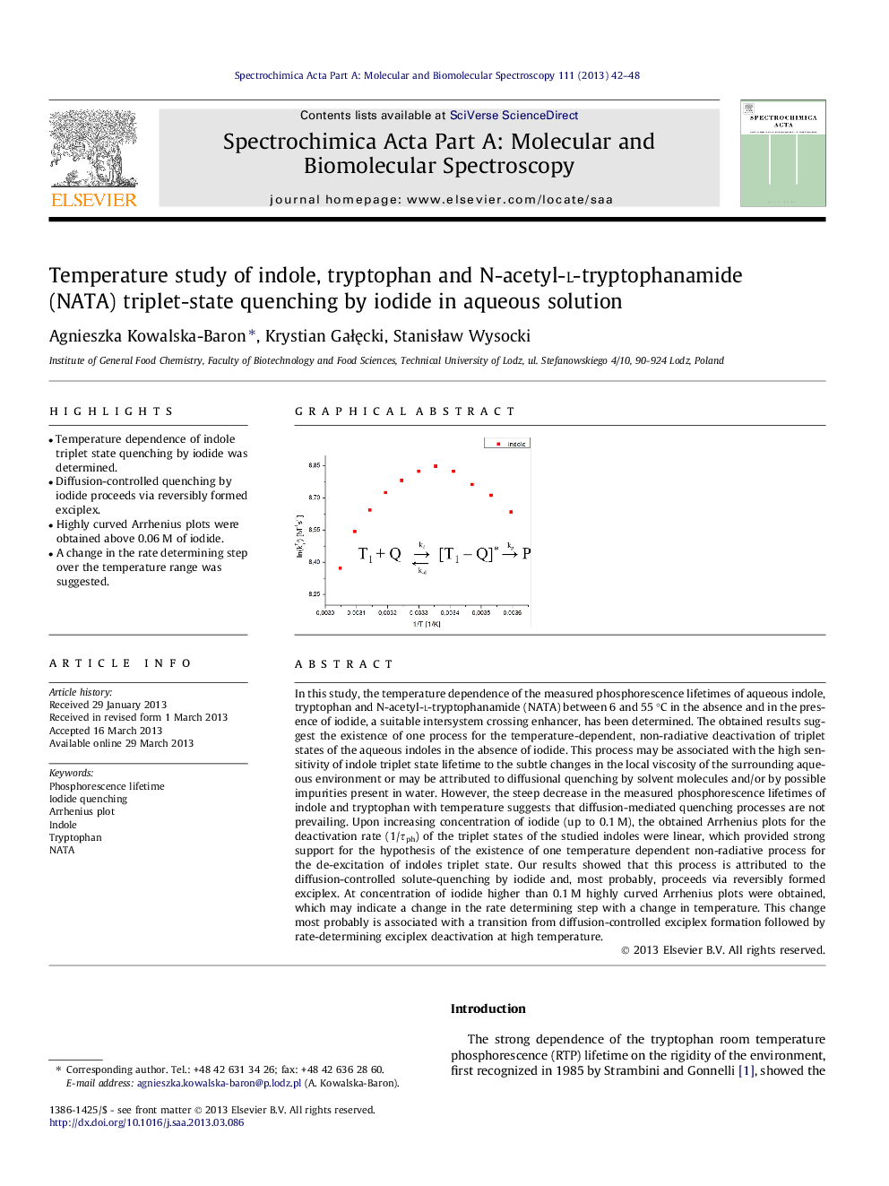 Temperature study of indole, tryptophan and N-acetyl-l-tryptophanamide (NATA) triplet-state quenching by iodide in aqueous solution