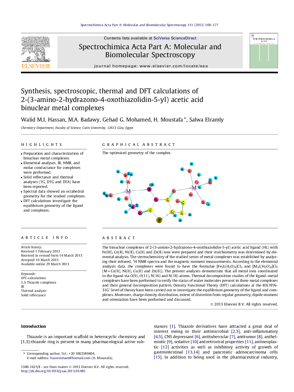 Synthesis, spectroscopic, thermal and DFT calculations of 2-(3-amino-2-hydrazono-4-oxothiazolidin-5-yl) acetic acid binuclear metal complexes